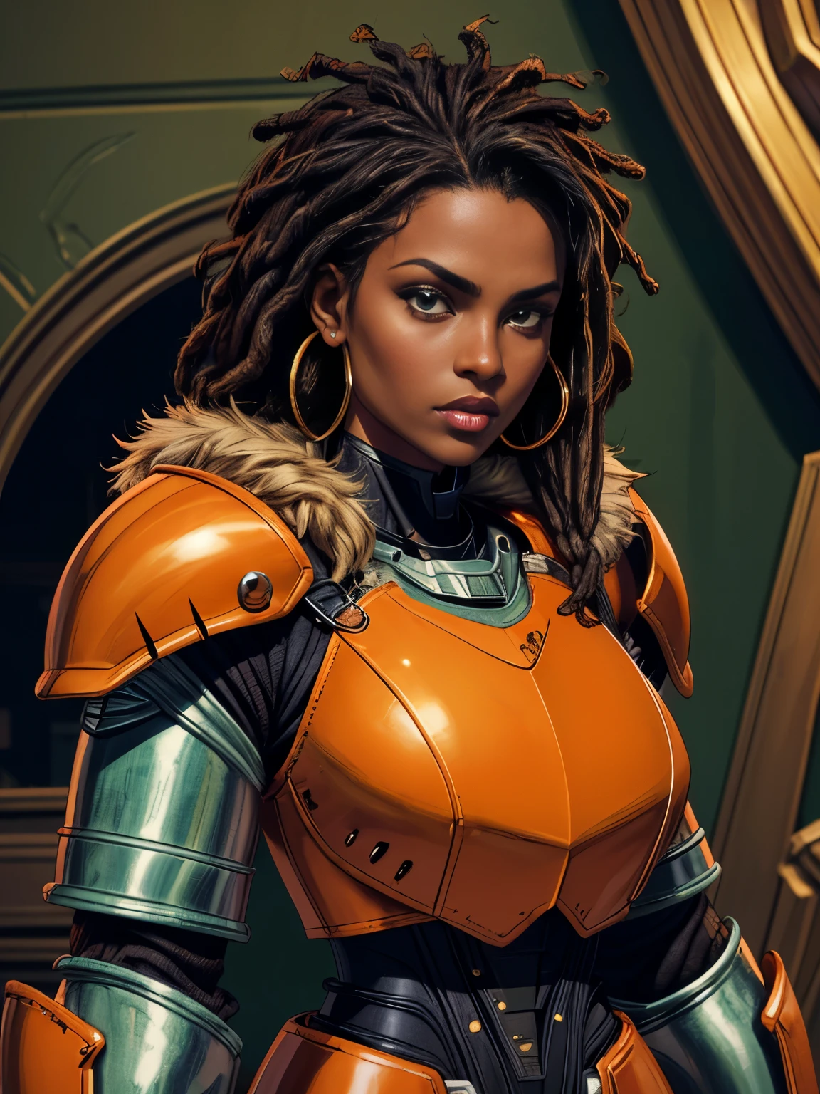 black woman with dark skin, dread locks, black hair, pretty face, hoop earrings. (orange high tech power armor:1.2), (heavy armor), (fur trim), visible wires, seam lines, orange shoulder pads, large shoulder pads, round shoulder pads, rivets, chipped paint. loin cloth, fur trim, fur cuffs. skin covered in green. 
