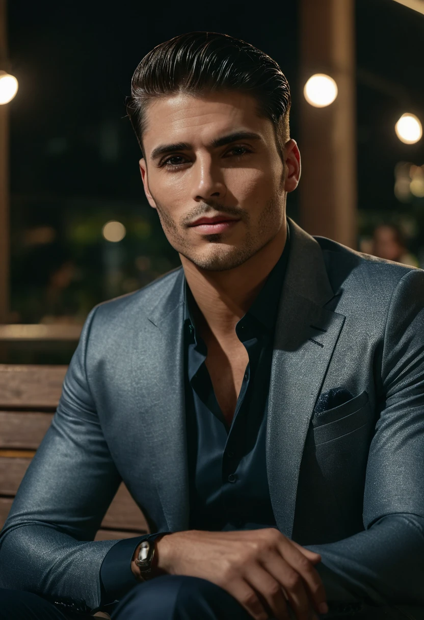 gu,a handsome man in a party, sitting on a bench, looking to the side, detailed facial features, sharp focus, 8k, photorealistic, professional photography, dramatic lighting, cinematic composition, elegant attire, high-quality, hyperrealistic, intricate details, flawless skin, intense gaze, natural expression, chiaroscuro lighting, dramatic shadows, warm color tones, sophisticated style, luxurious environment