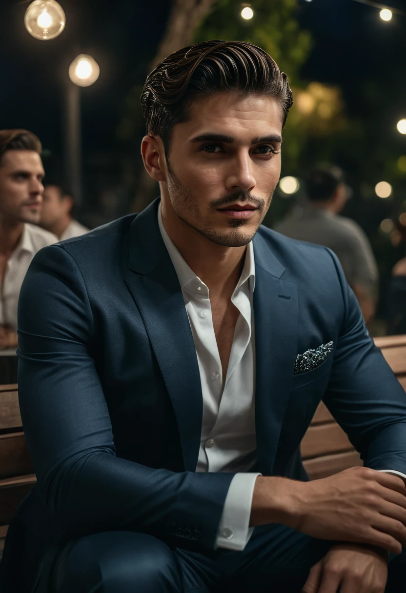 gu,a handsome man in a party, sitting on a bench, looking to the side, detailed facial features, sharp focus, 8k, photorealistic, professional photography, dramatic lighting, cinematic composition, elegant attire, high-quality, hyperrealistic, intricate details, flawless skin, intense gaze, natural expression, chiaroscuro lighting, dramatic shadows, warm color tones, sophisticated style, luxurious environment