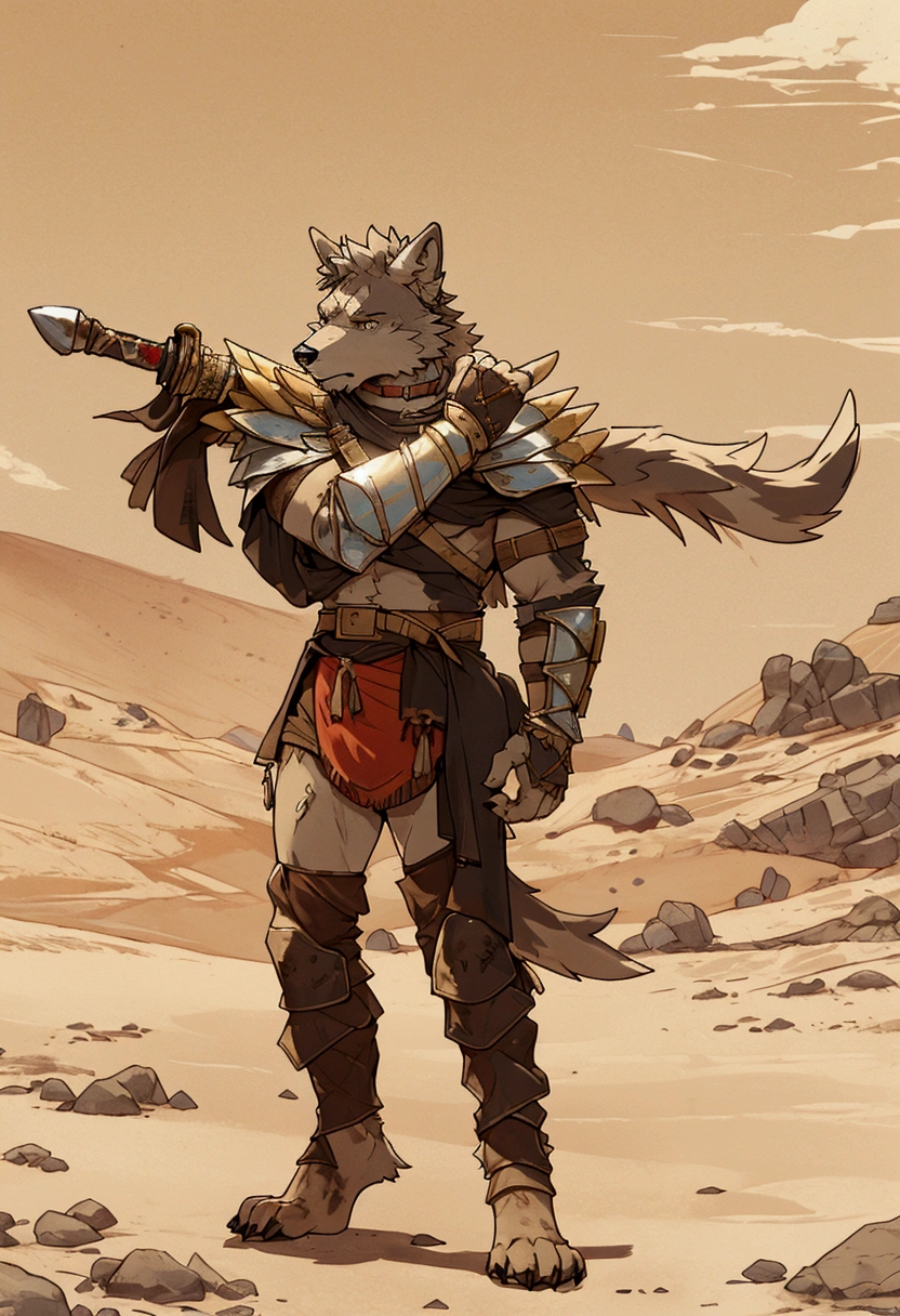 Solo Sexy young anthro furry wolf male mercenary medieval solider, slim endomorph muscular, anthro handsome gay shorter muzzle, handsome gay model male apperance, sword scars, worn out leather skimpy armament, low on hips heavy leather belt, old very worn out skimpy dirty linen material jockstrap, old yellow dirty worn out stains on white sawn jockstrap, very visible "x" brown seam pattern on the jockstrap, studded skimpy armlets breastplate armor, skimpy breastplate, leather bondages, fingerless leather gloves, smelly unwashed furr, dirty body look, desert battlefield, standing in sexy fighting position, close view of full character, blooded furr, blooded sword