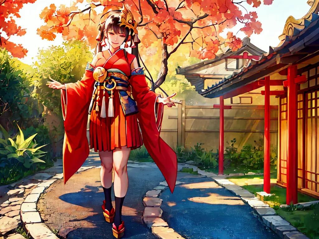 a woman using helm shoes, smile, crossed bangs ,Red eyes, red kimono, short hakama, skirt,golden phoenix mask on head. black soc...