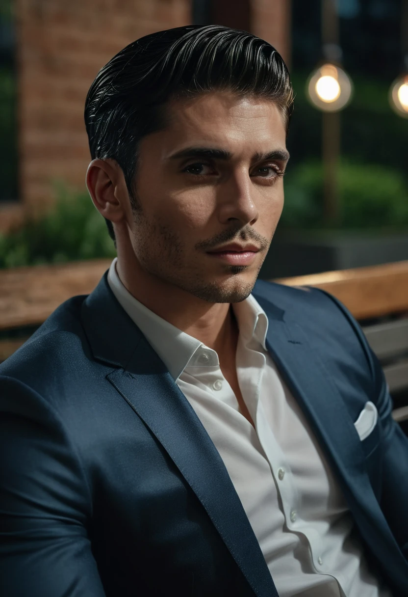 gu,a handsome man in a party, sitting on a bench, looking to the side, detailed facial features, sharp focus, 8k, photorealistic, professional photography, dramatic lighting, cinematic composition, elegant attire, high-quality, hyperrealistic, intricate details, flawless skin, intense gaze, natural expression, chiaroscuro lighting, dramatic shadows, warm color tones, sophisticated style, luxurious environment