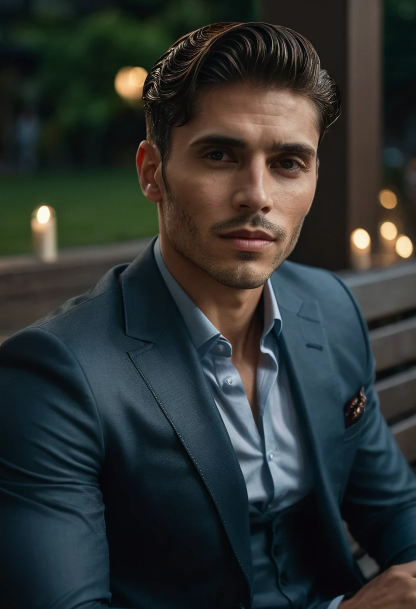 gu,a handsome man in a party, sitting on a bench, looking to the side, detailed facial features, sharp focus, 8k, photorealistic, professional photography, dramatic lighting, cinematic composition, elegant attire, high-quality, hyperrealistic, intricate details, flawless skin, intense gaze, natural expression, chiaroscuro lighting, dramatic shadows, warm color tones, sophisticated style, luxurious environment