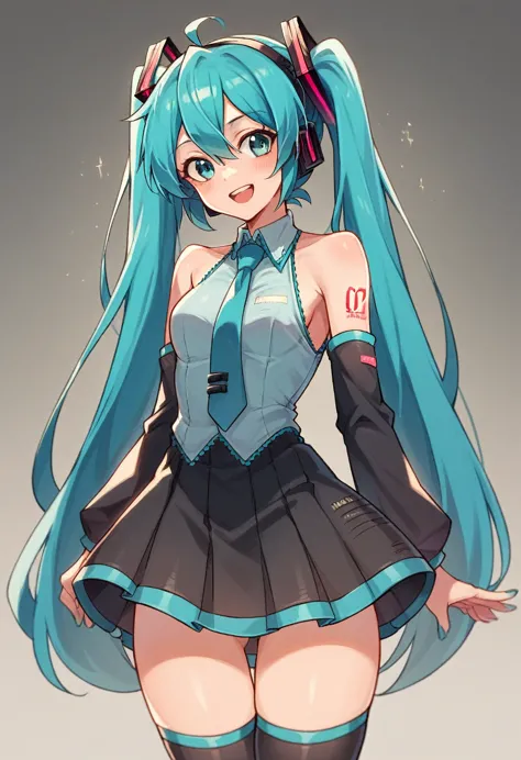 hatsune miku smiling with dressed in the costume from the mesmerizer music video