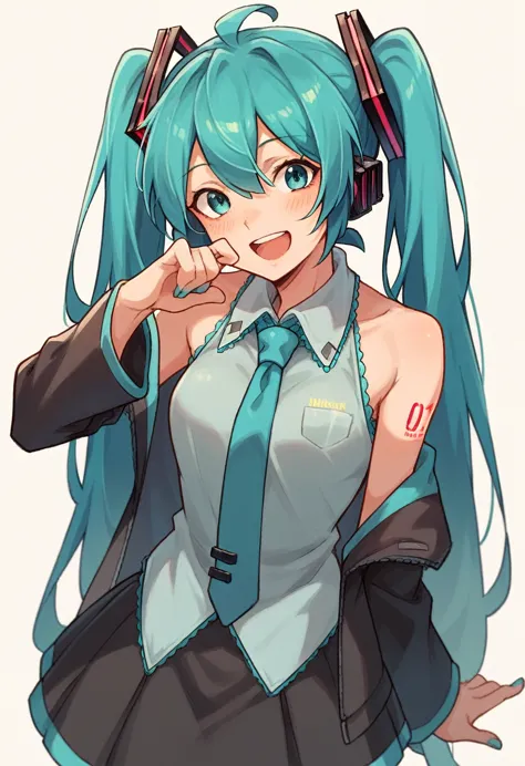 hatsune miku smiling with dressed in the costume from the mesmerizer music video