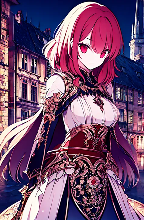 4k,hight resolution,one woman,bright red hair,longhaire,red eyes,knights,white sacred armor,jewel decorations,big sword,medieval...