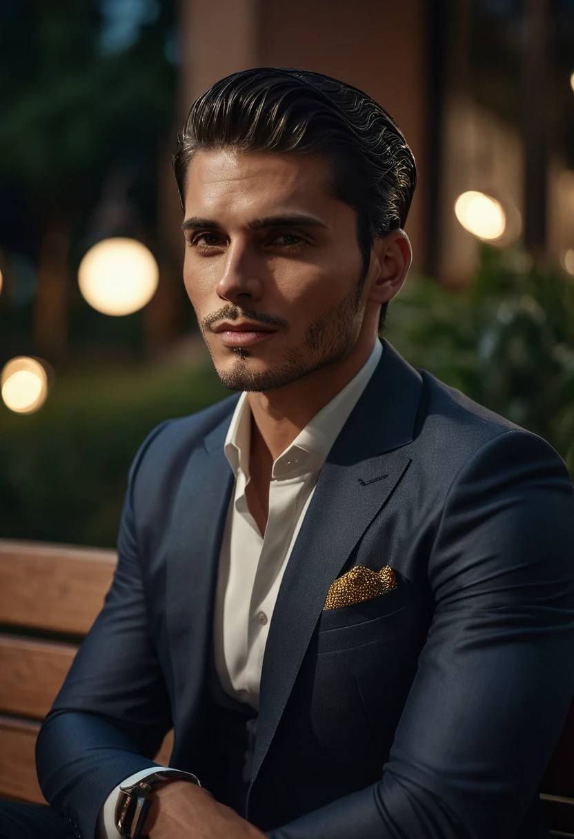 gu,a handsome man in a party, sitting on a bench, looking to the side, detailed facial features, sharp focus, 8k, photorealistic, professional photography, dramatic lighting, cinematic composition, elegant attire, high-quality, hyperrealistic, intricate details, flawless skin, intense gaze, natural expression, chiaroscuro lighting, dramatic shadows, warm color tones, sophisticated style, luxurious environment