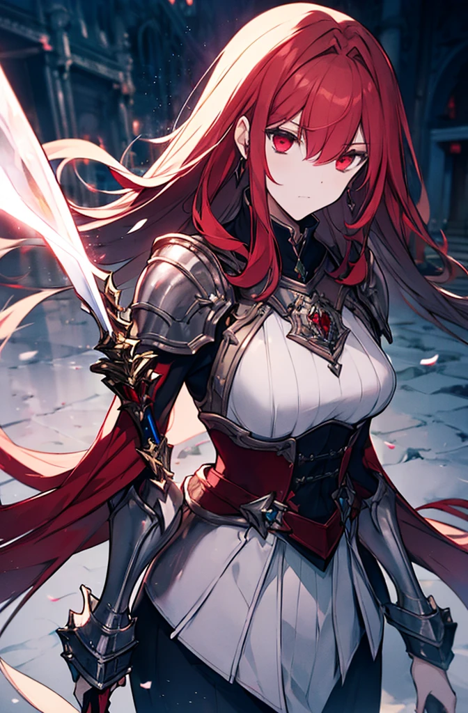 4k,hight resolution,One Woman,Bright red hair,Longhaire,red eyes,knights,white sacred armor,jewel decorations,Big sword,medieval town,furious,