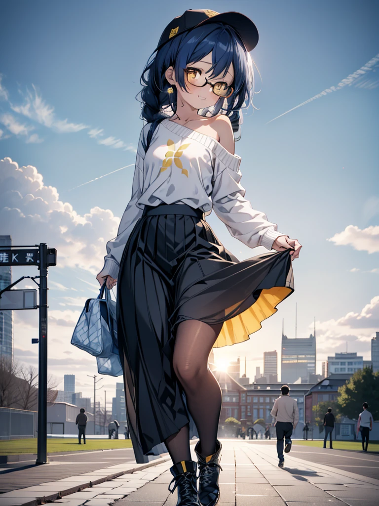 you like it, Umi Sonoda, Long Hair, Blue Hair, (Yellow Eyes:1.5) (Flat Chest:1.2),Blue one-shoulder sweater,Long skirt,Black pantyhose,short boots,Baseball hats,Black-rimmed glasses,Long braids,smile,Walking,morning,morning陽,The sun is rising,On the way to school,whole bodyがイラストに入るように,
break looking at viewer,whole body,
break outdoors, station,
break (masterpiece:1.2), Highest quality, High resolution, unity 8k wallpaper, (figure:0.8), (Beautiful attention to detail:1.6), Highly detailed face, Perfect lighting, Highly detailed CG, (Perfect hands, Perfect Anatomy),