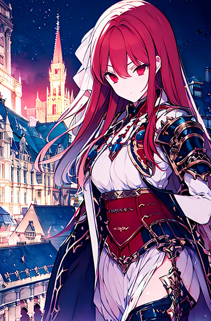 4k,hight resolution,One Woman,Bright red hair,Longhaire,red eyes,knights,white sacred armor,jewel decorations,Big sword,medieval town,furious,