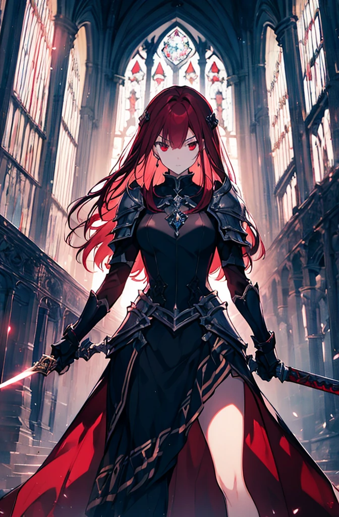 4k,hight resolution,One Woman,Bright red hair,Longhaire,red eyes,knights,white sacred armor,jewel decorations,Big sword,medieval town,furious,