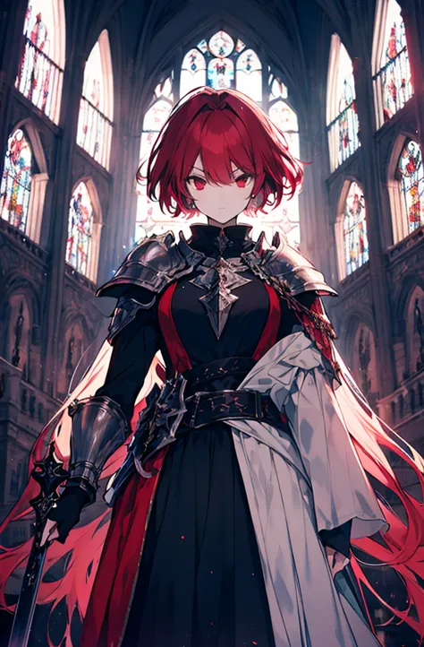 4k,hight resolution,one woman,bright red hair,longhaire,red eyes,knights,white sacred armor,jewel decorations,big sword,medieval...