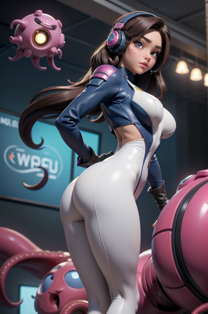 1 girl, Ass view pose from below, sigh, Work, of the, by the wide, Brown hair, headphones, mustache marks, shoulder pads, blue Monkey, ribbed bodysuit, animal footprint, clothing writing, long sleeves, white gloves, ((detailed)), ((Best Quality)), ((masterpiece)), extremely detailed CG unity 8k wallpaper, 32K, sharp focus, photo of Perfect eyes, Perfect eyes , ((voluptuous hourglass)), (slim and fit), standing straight sticking out her butt a little, (hottest mech pilot on earth prepparing to go on a mission), ((intergalactic male pervert monsters around her with tentacles trying to grab her)), ((she has a laser pistol and is shotting the monsters))
