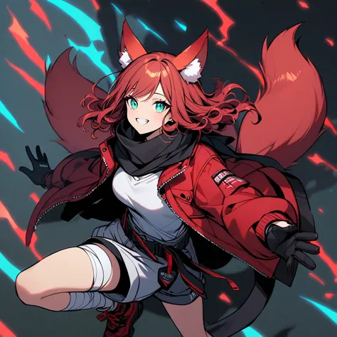 (well done:1) woman, short red slightly wavy hair, cyan eyes, red fox ears and tail, black scarf, bulky red winter jacket with b...