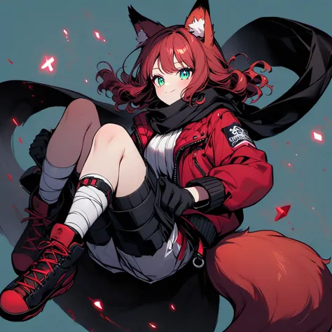 (well done:1) woman, short red slightly wavy hair, cyan eyes, red fox ears and tail, black scarf, bulky red winter jacket with b...