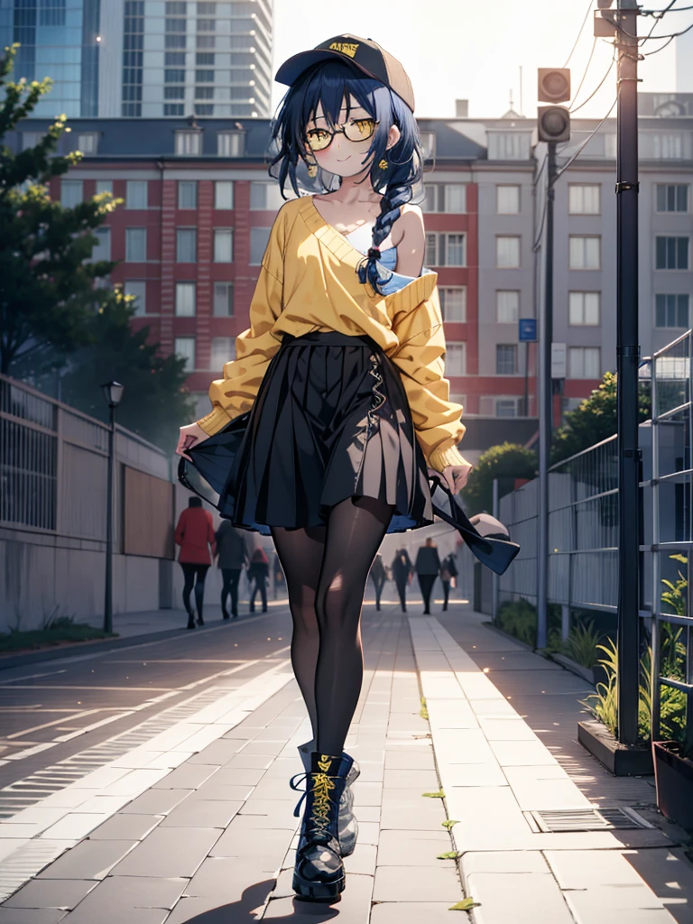 you like it, Umi Sonoda, Long Hair, Blue Hair, (Yellow Eyes:1.5) (Flat Chest:1.2),Blue one-shoulder sweater,Long skirt,Black pantyhose,short boots,Baseball hats,Black-rimmed glasses,Long braids,smile,Walking,morning,morning陽,The sun is rising,On the way to school,whole bodyがイラストに入るように,
break looking at viewer,whole body,
break outdoors, station,
break (masterpiece:1.2), Highest quality, High resolution, unity 8k wallpaper, (figure:0.8), (Beautiful attention to detail:1.6), Highly detailed face, Perfect lighting, Highly detailed CG, (Perfect hands, Perfect Anatomy),