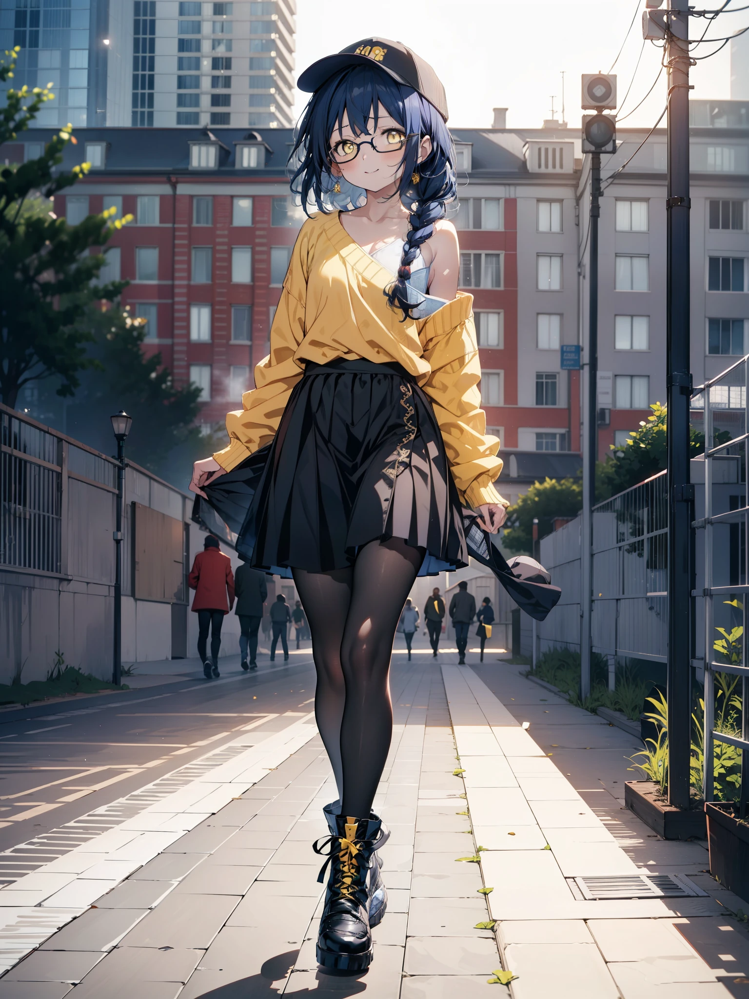 vous l&#39;aimez, Umi Sonoda, cheveux longs, Cheveux bleus, (les yeux jaunes:1.5) (poitrine plate:1.2),Pull asymétrique bleu,Jupe longue,collants noirs,bottes courtes,Casquettes de baseball,Lunettes à monture noire,Longues tresses,sourire,marche,matin,matin陽,Le soleil se lève,Sur le chemin de l&#39;école,tout le corpsがイラストに入るように,
casser looking at viewer,tout le corps,
casser outdoors, Gare,
casser (chef-d&#39;œuvre:1.2), la plus haute qualité, haute résolution, unité 8k fond d&#39;écran, (chiffre:0.8), (Belle attention aux détails:1.6), Visage très détaillé, éclairage parfait, CG très détaillé, (des mains parfaites, Anatomie parfaite),