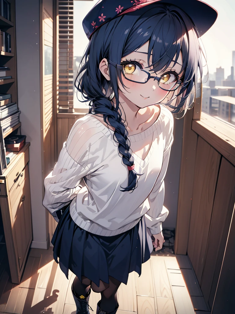 you like it, Umi Sonoda, Long Hair, Blue Hair, (Yellow Eyes:1.5) (Flat Chest:1.2),Blue one-shoulder sweater,Long skirt,Black pantyhose,short boots,Baseball hats,Black-rimmed glasses,Long braids,smile,Walking,morning,morning陽,The sun is rising,On the way to school,whole bodyがイラストに入るように,
break looking at viewer,whole body,
break outdoors, station,
break (masterpiece:1.2), Highest quality, High resolution, unity 8k wallpaper, (figure:0.8), (Beautiful attention to detail:1.6), Highly detailed face, Perfect lighting, Highly detailed CG, (Perfect hands, Perfect Anatomy),