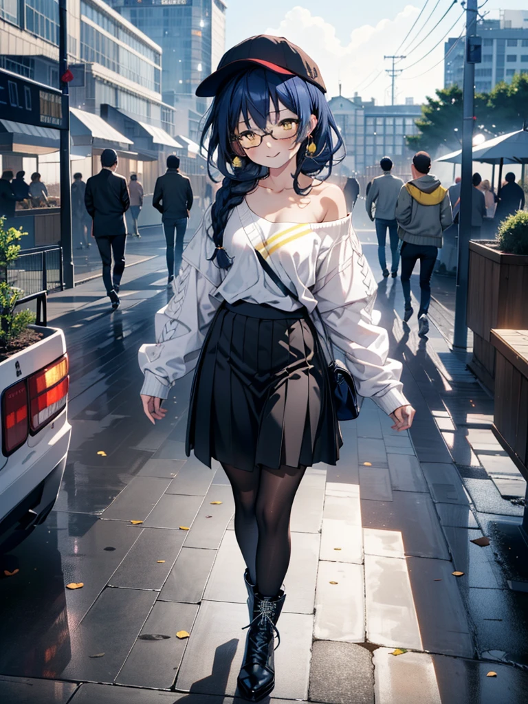 you like it, Umi Sonoda, Long Hair, Blue Hair, (Yellow Eyes:1.5) (Flat Chest:1.2),Blue one-shoulder sweater,Long skirt,Black pantyhose,short boots,Baseball hats,Black-rimmed glasses,Long braids,smile,Walking,morning,morning陽,The sun is rising,On the way to school,whole bodyがイラストに入るように,
break looking at viewer,whole body,
break outdoors, station,
break (masterpiece:1.2), Highest quality, High resolution, unity 8k wallpaper, (figure:0.8), (Beautiful attention to detail:1.6), Highly detailed face, Perfect lighting, Highly detailed CG, (Perfect hands, Perfect Anatomy),