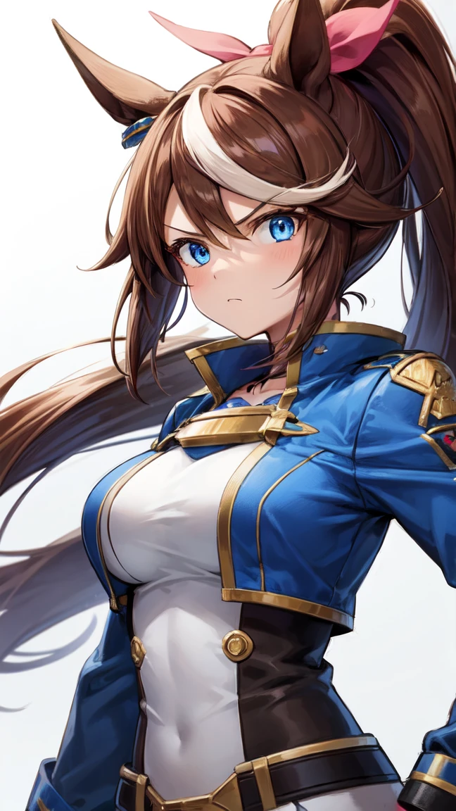 1girl,Tokai Teio, horse ears, brown hair, long hair, high ponytail, streaked hair, multicolored hair, blue eyes, big breast, mecha musume, mechanical wing, serious face,