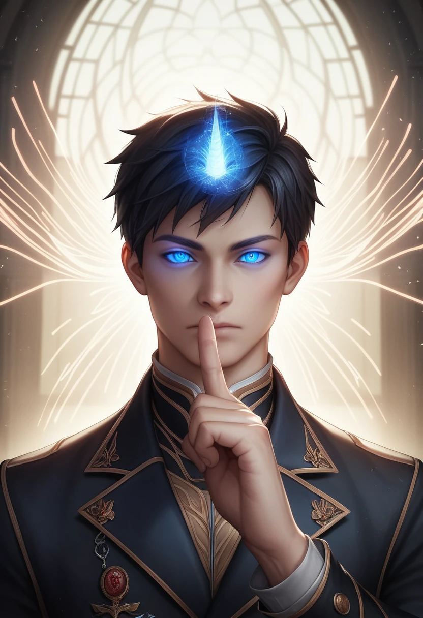 looking at viewer, ((1boy)), male focus, black hair, (detailed hair), ((very short hair)), half-closed eyes, (glowing eyes), blue eyes, outdoors, breaking, closed mouth, ((magic aura)), fantasy, black jacket, highres, superb, 8k wallpaper, extremely detailed, intricate, award-winning, hyper-detailed, hard lighting, intricate details, eyes focus, (illustration:1.1), highres,  trending on artstation, ((dynamic pose)), upper body, manhwa, (((masterpiece))), (highest quality), ((perfect face)), very deep eyes, (cinematic lighting), detailed eyes, best quality,  sidelight, highres, (intricate details), detailed finger