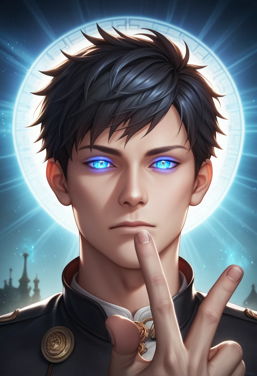 looking at viewer, ((1boy)), male focus, black hair, (detailed hair), ((very short hair)), half-closed eyes, (glowing eyes), blue eyes, outdoors, breaking, closed mouth, ((magic aura)), fantasy, black jacket, highres, superb, 8k wallpaper, extremely detailed, intricate, award-winning, hyper-detailed, hard lighting, intricate details, eyes focus, (illustration:1.1), highres,  trending on artstation, ((dynamic pose)), upper body, manhwa, (((masterpiece))), (highest quality), ((perfect face)), very deep eyes, (cinematic lighting), detailed eyes, best quality,  sidelight, highres, (intricate details), detailed finger