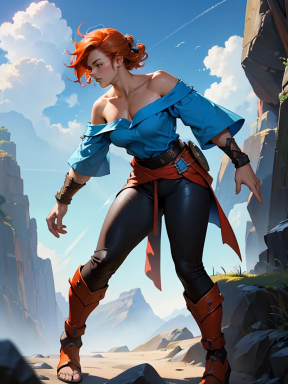 digital painting, 1girl, woman, rough digital painting, (full body:1.2), 1boy, man, masculine, solo, [:outlandish costume design,:0.2] battlemage, vivid blue (off shoulder shirt:1.3), japanese, muted red-orange hair, (muscular:1.1) build, simple background, moba character concept art, bombshell hair, copper hair, Side Swept Curls,spiked hair, thick thighs, narrow waist, chinese, (noon, blue sky, clouds, scenery, "at the Incandescent Spire":1)