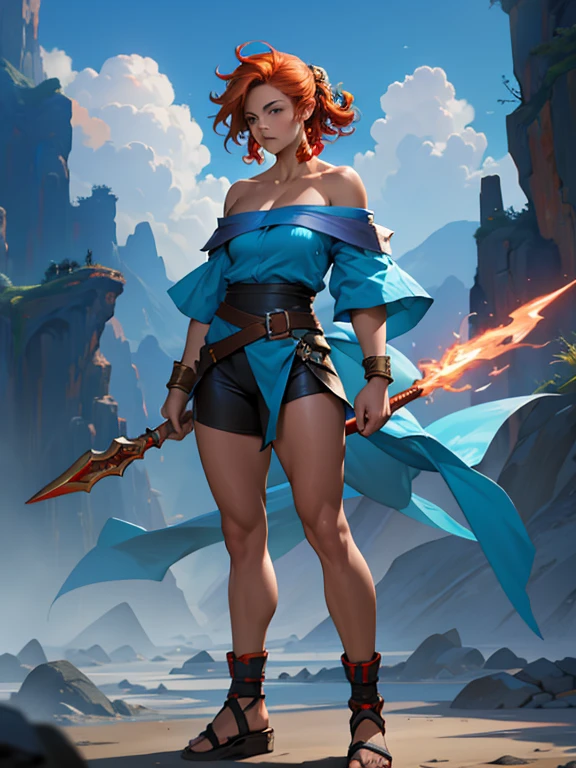 digital painting, 1girl, woman, rough digital painting, (full body:1.2), 1boy, man, masculine, solo, [:outlandish costume design,:0.2] battlemage, vivid blue (off shoulder shirt:1.3), japanese, muted red-orange hair, (muscular:1.1) build, simple background, moba character concept art, bombshell hair, copper hair, Side Swept Curls,spiked hair, thick thighs, narrow waist, chinese, (noon, blue sky, clouds, scenery, "at the Incandescent Spire":1)