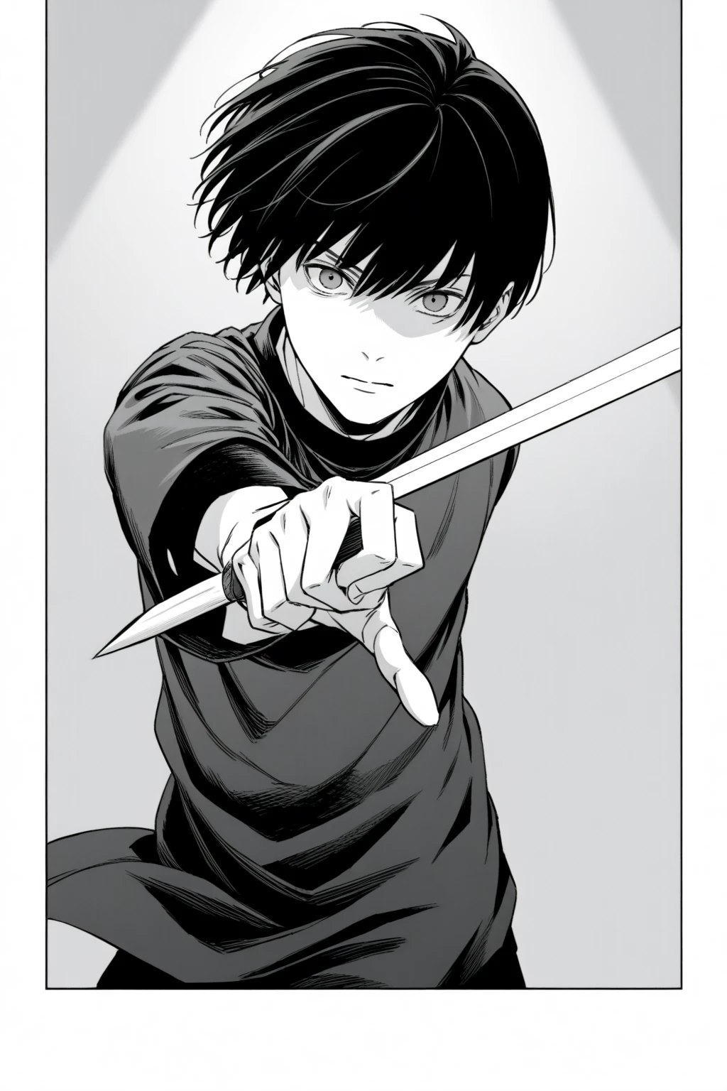 yuto-sano, 1boy, Kaneki, black  hair, unique hairstyle long hair, elegant, monochrome, solo, greyscale, male focus, looking at viewer, holding a sword, front view, FRONT VIEW, FACING CAMERA, action pose, action, manga panel