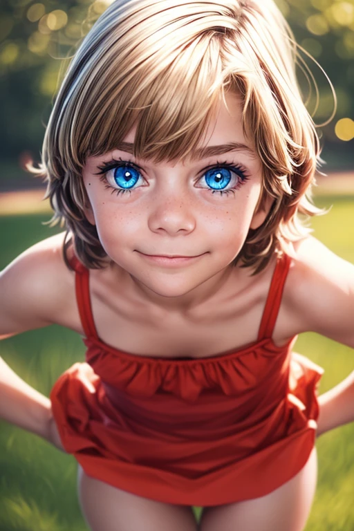 1 woman，5 years，，small ，One, (Background with：City Park，Bright Park, ）, Dynamic angle, Ultra detailed, illustration, Close-up, STRAIGHT, Only 1 girl, She has blonde hair，（（chedevr），（очень подробные обои CG Unity 8k），Best quality，cinematic lighting，detailed background，beautiful detailed eyes，bright students，Blue eyes，（Very good and beautiful），（Beautiful and detailed description of the eyes），ultra - detailed，chedevr，）），a high resolution，ultra - detailed），flushed complexion，smile，Desire for dissatisfaction，elementary school student，（Tedious：Short sundress）, (red dress, beauty, cheerful, Beautiful, slender body, ) , Revealing panties [[gentle fingers and hands:0.55]::0.85],(detail fingers)))