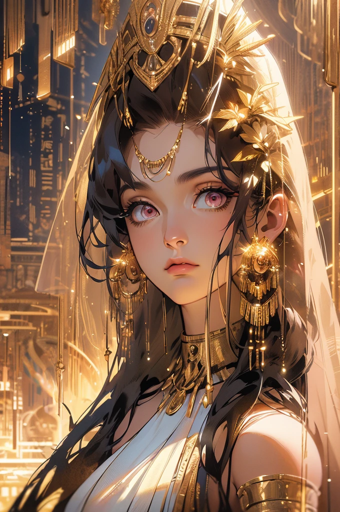 extremely detailed, solo, perfect face, pretty face, highly detailed face，(muste piece), (best quality)、Woman in gold dress, wearing a dress of gossamer gold, miss aniela, Medieval dress yellow ocher, golden dress, Royal Gown, gold clothes, lady using yellow dress, dress in the style of rococo, Royal Gown, gilded outfit,The most beautiful woman in the world、best style、(pink hair、pink eyes) egyptian