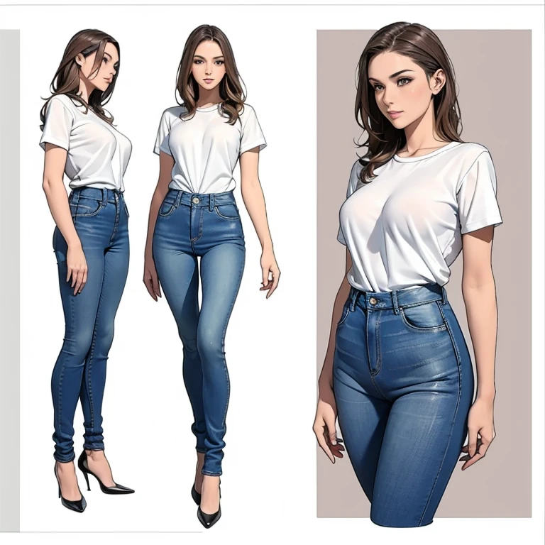 Detailed character sheet, Front view, Side view, Oblique view, with a white returnground, show women, 30 years old, with short dark brown hair combed return, Light casual clothing, Wear tight denim jeans. The seat includes different angles, Front desk etc.., return, and Side views, Model and Reference Sheets, Full body painting. The ratio is based on 7.5 Head Scale.