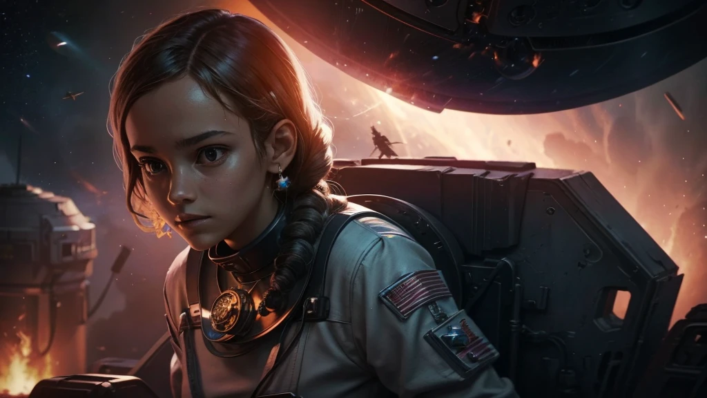 a teenager in a space capsule with a medallion around her neck, in the background a burning planet, ships flying in space, sci-fi styled
