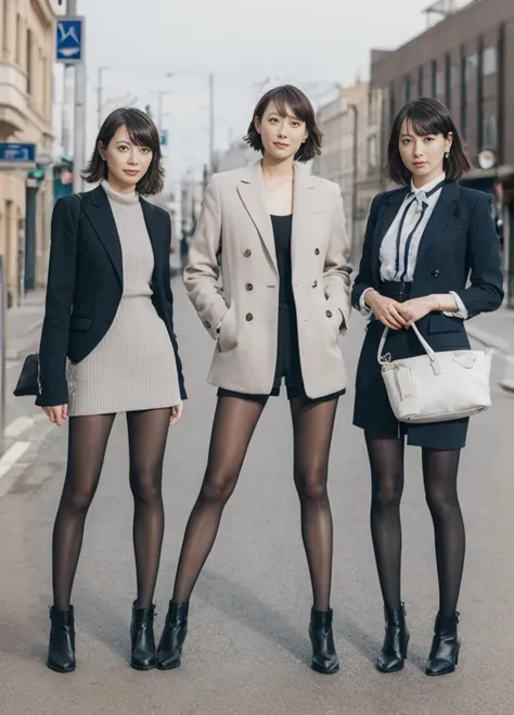 Three women looking this way。The woman on the left is taller。