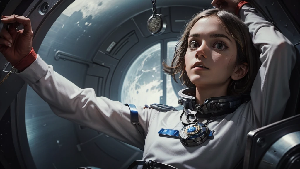 a teenager in a space capsule with a medallion around her neck