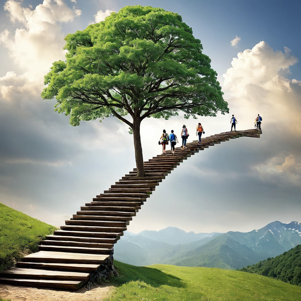 Create an image representing a group of people focused on personal development, social growth, and overcoming stagnation. The image should include the following elements:A Mountain or Staircase: Show someone climbing, symbolizing the effort and journey of growth.Group of People: Include a group of people smiling and interacting, representing socialization and mutual support.Path: Add a road or trail extending to the horizon, indicating a promising future and continuous progress.Growing Tree: Include a robust tree, symbolizing growth and personal development.Open Book: Show an open book, representing learning and self-discovery.Upward Arrows: Add graphics or icons of arrows pointing upwards, showing progress and advancement.The image should have an inspiring and motivational tone, with vibrant colors that convey energy and positivity.