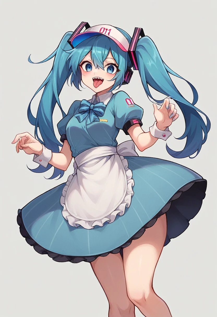 Hatsune Miku as depicted in the Mesmerizer AMV by 32ki.Weight: 1.0Trigger + Appearance: mesmerizermiku, twintails, hair bow, striped bow, blue eyesDefault Outfit: visor cap, frills, blue dress, vertical-striped dress, buttons, puffy short sleeves, wrist cuffs, waist apron, frilled apron, black chokerAdd blue hair if necessary. Replace blue eyes with sharp teeth, tongue out, black eyes, empty eyes to mesmerize her.The results of your generations are dependent on the additional LoRAs, weights, and models you use, so it may not work or come out as consistent as my sample images.