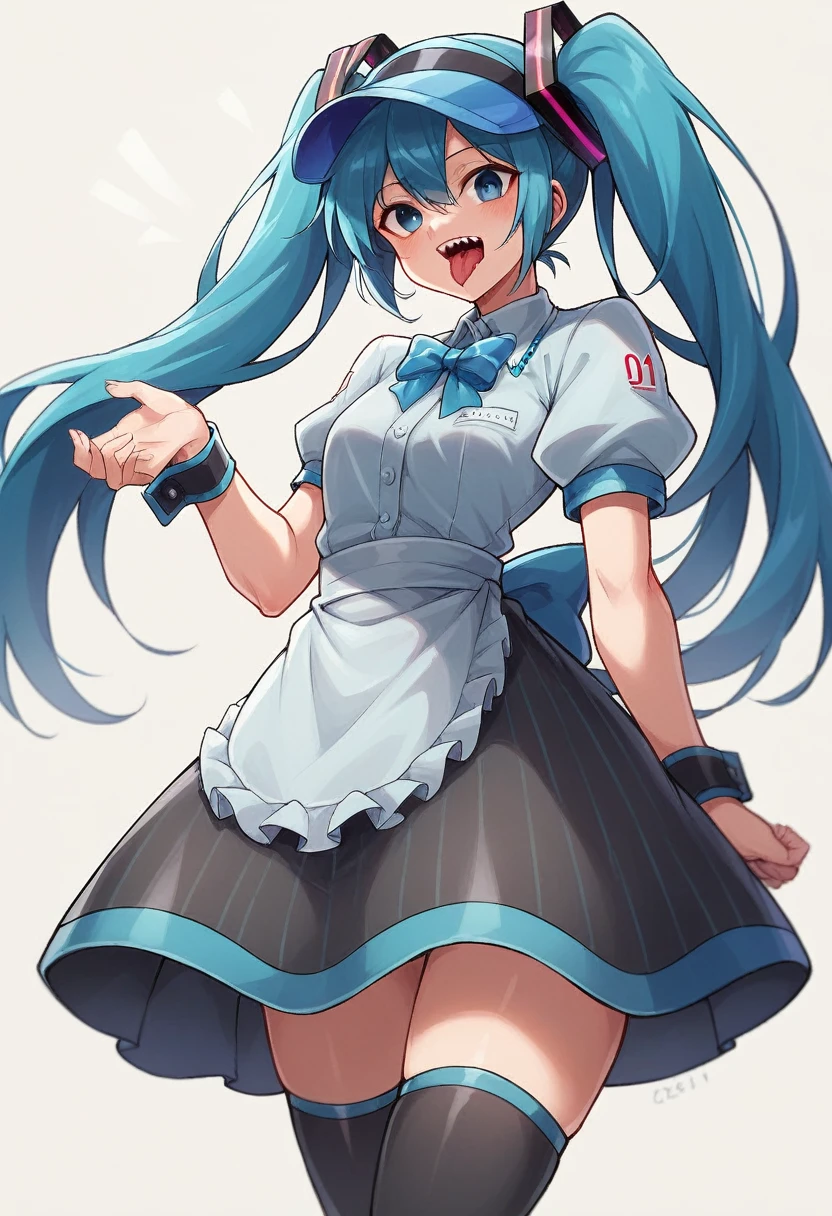 Hatsune Miku as depicted in the Mesmerizer AMV by 32ki.Weight: 1.0Trigger + Appearance: mesmerizermiku, twintails, hair bow, striped bow, blue eyesDefault Outfit: visor cap, frills, blue dress, vertical-striped dress, buttons, puffy short sleeves, wrist cuffs, waist apron, frilled apron, black chokerAdd blue hair if necessary. Replace blue eyes with sharp teeth, tongue out, black eyes, empty eyes to mesmerize her.The results of your generations are dependent on the additional LoRAs, weights, and models you use, so it may not work or come out as consistent as my sample images.