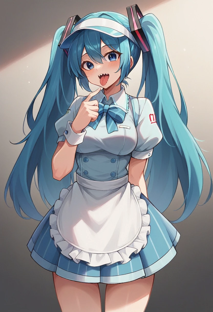 Hatsune Miku as depicted in the Mesmerizer AMV by 32ki.Weight: 1.0Trigger + Appearance: mesmerizermiku, twintails, hair bow, striped bow, blue eyesDefault Outfit: visor cap, frills, blue dress, vertical-striped dress, buttons, puffy short sleeves, wrist cuffs, waist apron, frilled apron, black chokerAdd blue hair if necessary. Replace blue eyes with sharp teeth, tongue out, black eyes, empty eyes to mesmerize her.The results of your generations are dependent on the additional LoRAs, weights, and models you use, so it may not work or come out as consistent as my sample images.