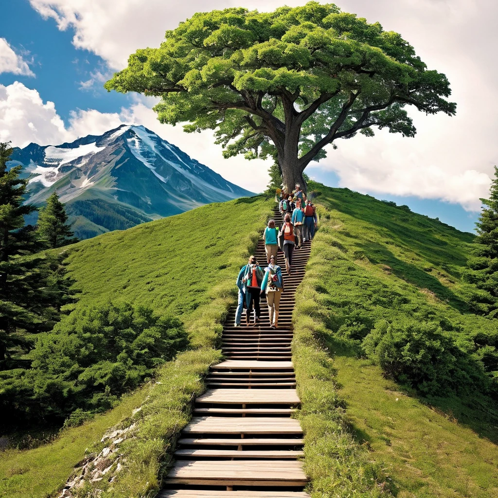 Créer une image représentant un groupe de personnes axées sur le développement personnel, croissance sociale, et surmonter la stagnation. L&#39;image doit inclure les éléments suivants:Une montagne ou un escalier: Montrer à quelqu&#39;un qui grimpe, symbolisant l’effort et le parcours de croissance.groupe de personnes: Incluez un groupe de personnes souriantes et interagissant, représentant la socialisation et le soutien mutuel.chemin: Ajouter une route ou un sentier s&#39;étendant jusqu&#39;à l&#39;horizon, indiquant un avenir prometteur et des progrès continus.Arbre en croissance: Inclure un arbre robuste, symbolisant la croissance et le développement personnel.livre ouvert: Montrer un livre ouvert, représentant l’apprentissage et la découverte de soi.Flèches vers le haut: Ajoutez des graphiques ou des icônes de flèches pointant vers le haut, montrer les progrès et les progrès.L&#39;image doit avoir un ton inspirant et motivant, avec des couleurs vibrantes qui transmettent énergie et positivité.