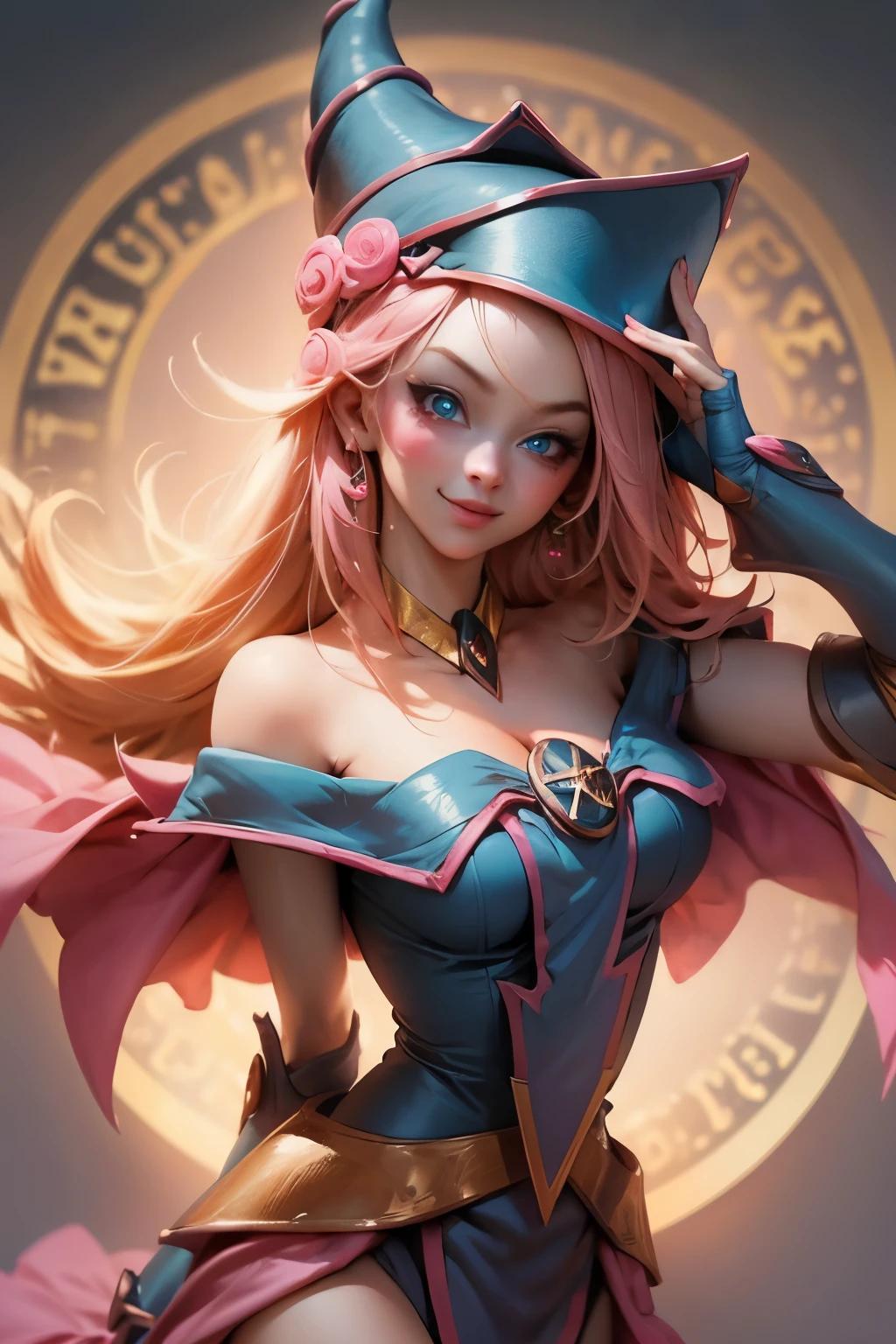 Beautiful face of dark wizard gils., blue eyes. pink lips. long blonde hair. exposed shoulders, angelic smile, beautiful well detailed face of dark wizard gils. blowing a kiss. and winking. She is flirtatious with the viewer.