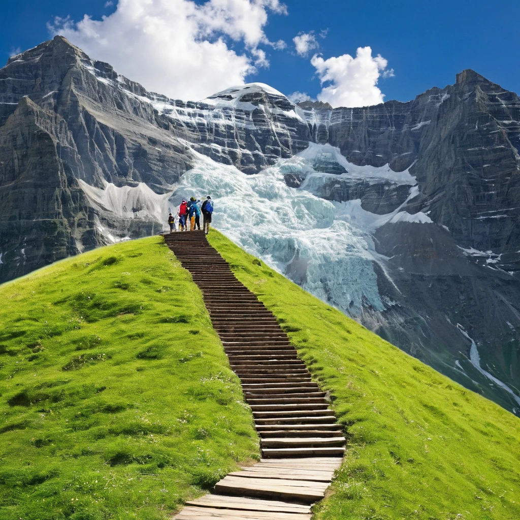 Créer une image représentant un groupe de personnes axées sur le développement personnel, croissance sociale, et surmonter la stagnation. L&#39;image doit inclure les éléments suivants:Une montagne ou un escalier: Montrer à quelqu&#39;un qui grimpe, symbolisant l’effort et le parcours de croissance.groupe de personnes: Incluez un groupe de personnes souriantes et interagissant, représentant la socialisation et le soutien mutuel.chemin: Ajouter une route ou un sentier s&#39;étendant jusqu&#39;à l&#39;horizon, indiquant un avenir prometteur et des progrès continus.Arbre en croissance: Inclure un arbre robuste, symbolisant la croissance et le développement personnel.livre ouvert: Montrer un livre ouvert, représentant l’apprentissage et la découverte de soi.Flèches vers le haut: Ajoutez des graphiques ou des icônes de flèches pointant vers le haut, montrer les progrès et les progrès.L&#39;image doit avoir un ton inspirant et motivant, avec des couleurs vibrantes qui transmettent énergie et positivité.