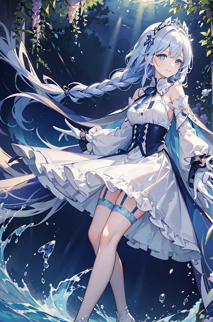 A woman with white hair and blue eyes、adult、Long, fluffy wavy hair、Braiding、Wearing hair ornaments、Smiling、Princess、White gloves、Blue-tinted dress、ribbon、Wave pattern、Decorations such as roses and drops、race、The dress is short in the front and long in the back、Wearing a cape、Garter Ring、short boots、water、Fantasy