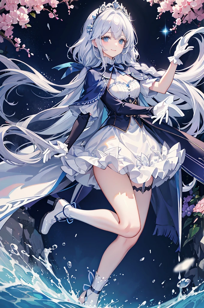 A woman with white hair and blue eyes、adult、Long, fluffy wavy hair、Braiding、Wearing hair ornaments、Smiling、Princess、White gloves、Blue-tinted dress、ribbon、Wave pattern、Decorations such as roses and drops、race、The dress is short in the front and long in the back、Wearing a cape、Garter Ring、short boots、water、Fantasy