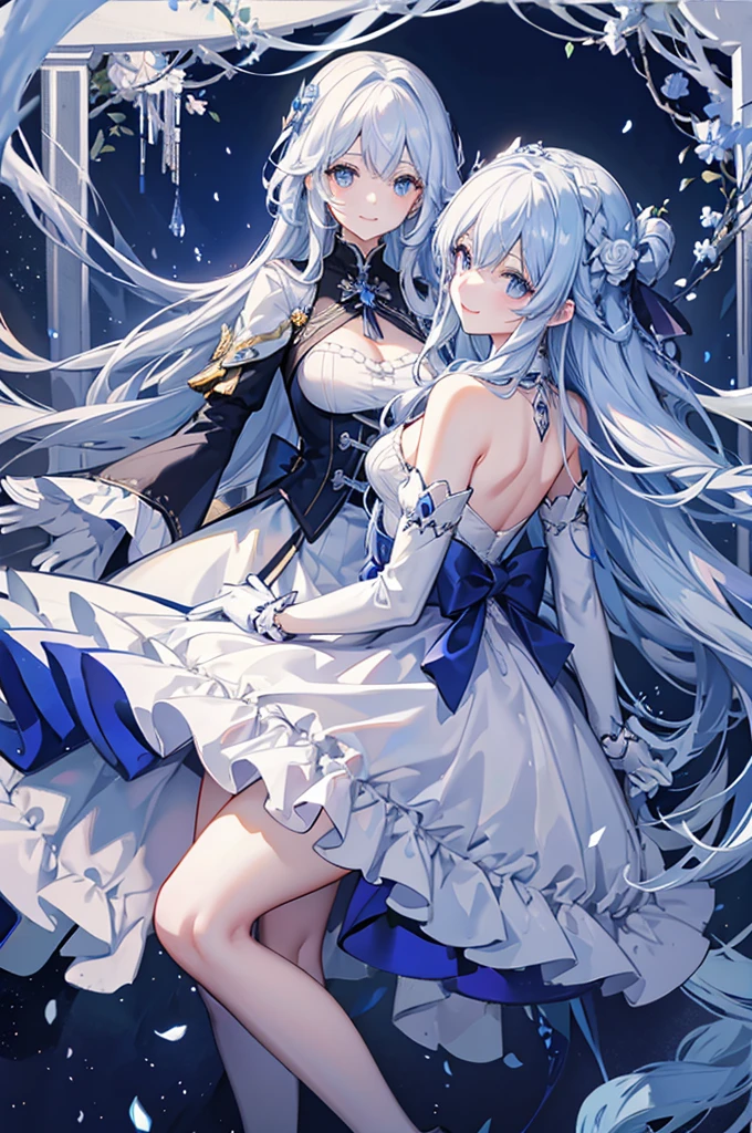 A woman with white hair and blue eyes、adult、Long, fluffy wavy hair、Braiding、Wearing hair ornaments、Smiling、Princess、White gloves、Blue-tinted dress、ribbon、Wave pattern、Decorations such as roses and drops、race、The dress is short in the front and long in the back、Wearing a cape、Garter Ring、short boots、water、Fantasy