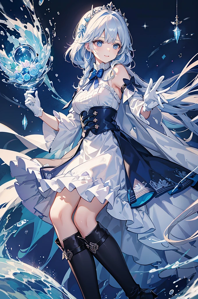 A woman with white hair and blue eyes、adult、Long, fluffy wavy hair、Braiding、Wearing hair ornaments、Smiling、Princess、White gloves、Blue-tinted dress、ribbon、Wave pattern、Decorations such as roses and drops、race、The dress is short in the front and long in the back、Wearing a cape、Garter Ring、short boots、water、Fantasy