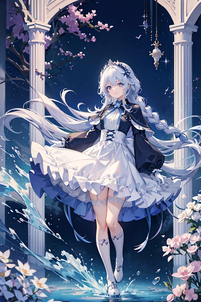 A woman with white hair and blue eyes、adult、Long, fluffy wavy hair、Braiding、Wearing hair ornaments、Smiling、Princess、White gloves、Blue-tinted dress、ribbon、Wave pattern、Decorations such as roses and drops、race、The dress is short in the front and long in the back、Wearing a cape、Garter Ring、short boots、water、Fantasy