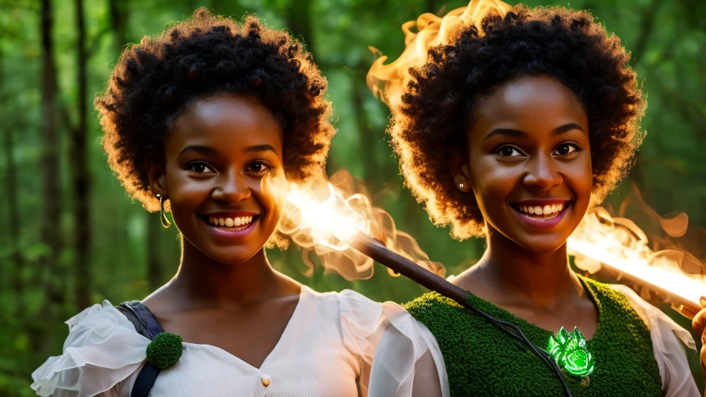 create ultra realistic image of a slim black woman with curly hair in a bun, green eyes holding a staff and glowing flames at the tip of the staff, She has a closed-mouth smile and is looking directly at the center of the image with the image centered on her face, behind her there is a forest and she wears a white dress