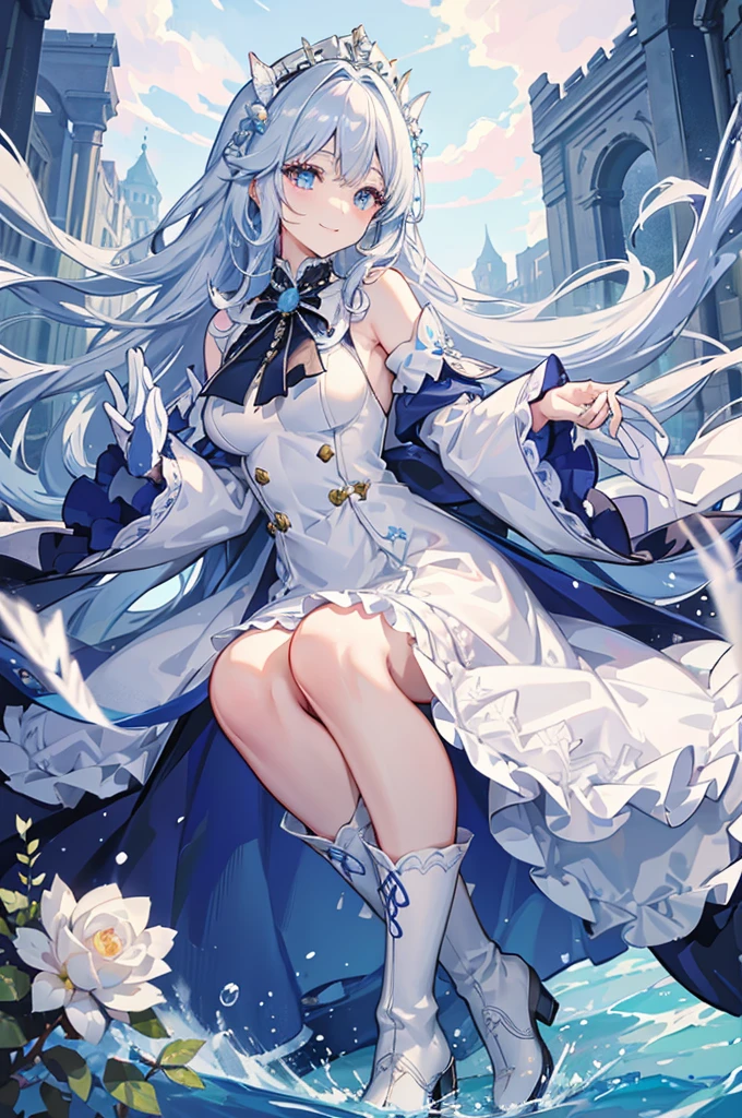 A woman with white hair and blue eyes、adult、Long, fluffy wavy hair、Braiding、Wearing hair ornaments、Smiling、Princess、White gloves、Blue-tinted dress、ribbon、Wave pattern、Decorations such as roses and drops、race、The dress is short in the front and long in the back、Wearing a cape、Garter Ring、short boots、water、Fantasy