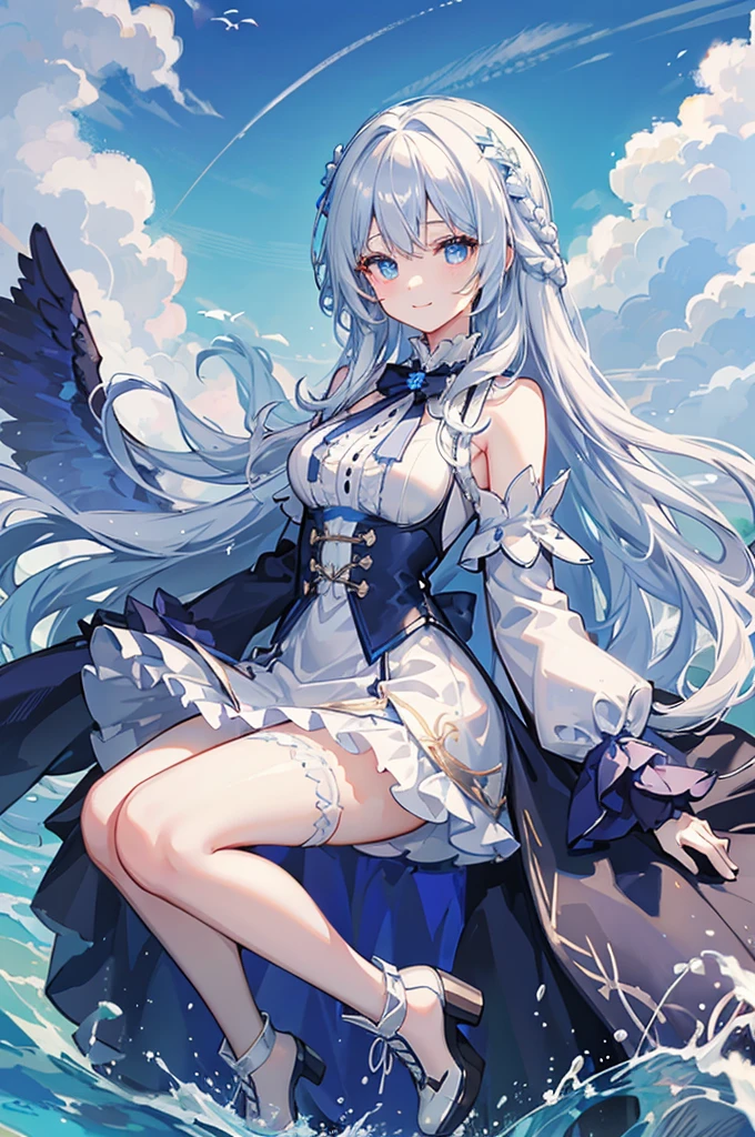 A woman with white hair and blue eyes、adult、Long, fluffy wavy hair、Braiding、Wearing hair ornaments、Smiling、Princess、White gloves、Blue-tinted dress、ribbon、Wave pattern、Decorations such as roses and drops、race、The dress is short in the front and long in the back、Wearing a cape、Garter Ring、short boots、water、Fantasy